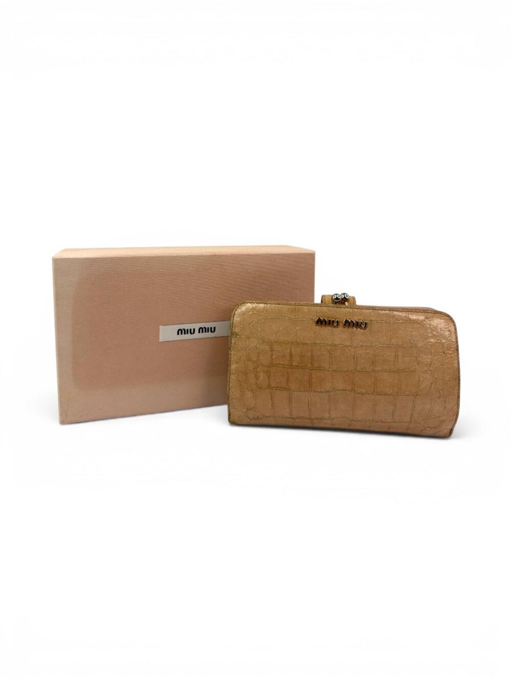 Vintage Miu Miu Cognac Croc Embossed Leather Kisslock Wallet With Original Box